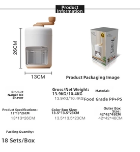 Detaillierte Maße und Verpackung einer manuellen Eismaschine mit der Größe 13x13x26cm