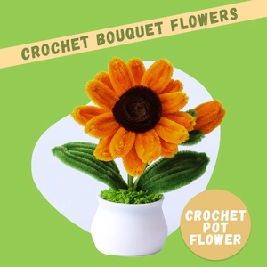 Handmade crochet sunflower pot plant with white ceramic base for desktop decoration