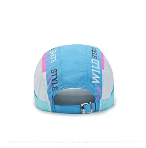Rear view of quick-dry baseball cap with adjustable metal buckle and blue ribbon strap