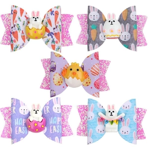 Detailed set of 5 Easter hair bows with glitter, leather, and cute resin rabbit charms