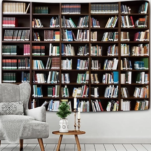 Detail shot of a library bookshelf tapestry with realistic wood texture and vintage books