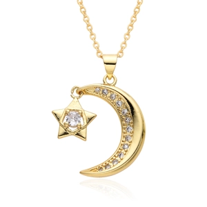 Elegant gold moon and star pendant necklace with crystal zircons and water drop fringe