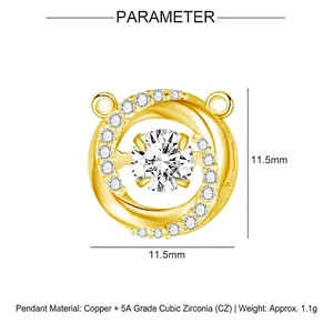 Detail view of 11.5mm gold plated spiral pendant with sparkling cubic zirconia stone