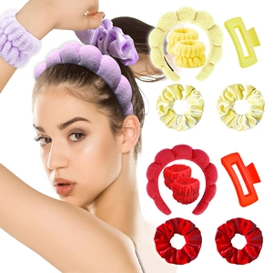 Three colors spa headband and wristband sets with hair claws on white background