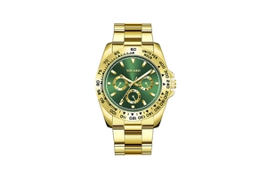 Detail of gold business watch with green sunray dial and luminous luminous display