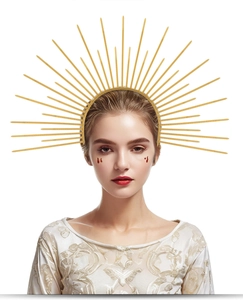 Detailed view of a golden sunburst halo headband on a model for cosplay parties
