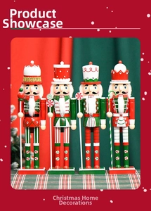 Detail of four wooden Christmas nutcrackers featuring glitter uniforms and candy accessories