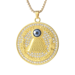 Gold stainless steel evil eye pyramid necklace with rhinestones and Latin engraving