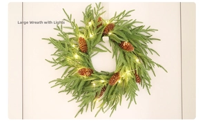 Close-up of large artificial pine needle wreath with brown cones and warm LED lights