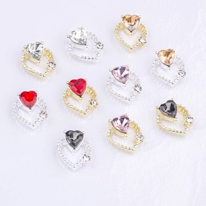 3D heart nail charms with crystal gemstones and metal frames for DIY manicure art