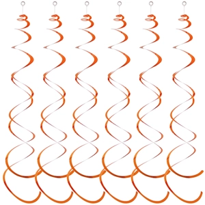 Detail of six metallic orange spiral ceiling decorations with hooks for festive events