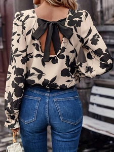 Blouse À Imprimé Fleuri Polyester Spandex Dos Nu Nœud À Lacets Manches Longues Poignets À Volants Haut Femme Slim Fit