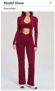 Completo sportivo 3 pezzi rosso ciliegia con giacca a zip, top a V e pantaloni yoga a zampa