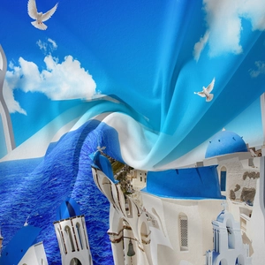 Detailed macro view of woven tapestry fabric featuring a Santorini blue dome church scene