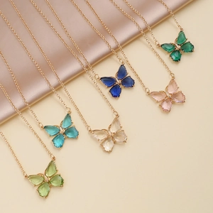 Elegant multi-color zircon butterfly necklaces set with gold-plated chains on silk