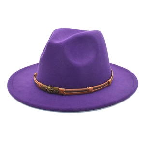 Purple wool jazz fedora hat with wide flat brim and a brown leather belt with skull charm