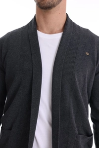Close-up of knit cardigan texture and collar design on a gray business sweater