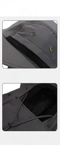 Detail of gray sun hat with breathable side mesh, metal eyelets and adjustable drawcord