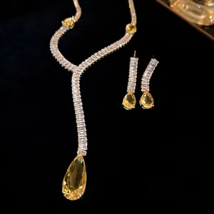 Bijoux Collier Et Boucles D'oreilles Goutte D'eau Cuivre Zircone Jaune Design En Y Tige En Argent Élégant