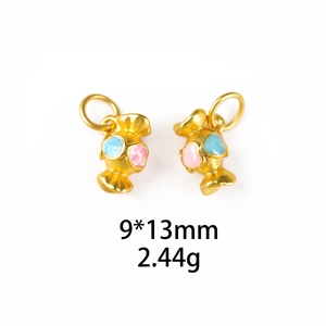 Detailed view of 9x13mm gold-plated fish charms with colorful enamel eyes and dimensions