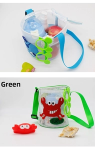 Detail of cute mesh beach bags for kids featuring crab embroidery and adjustable straps