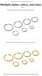 Detail view of hoop earrings in gold and silver showing multiple diameter sizes