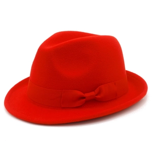 Classic red wool felt fedora hat for women and men with elegant ribbon bow decoration
