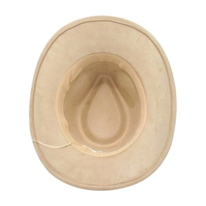 Detailed interior view of beige cowboy hat showing inner sweatband and adjustable drawstring
