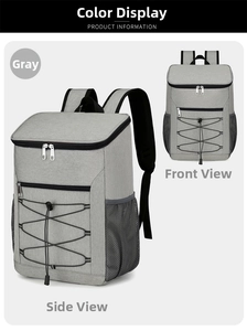 Front and side view of grey insulated thermal backpack with reflective strip for camping