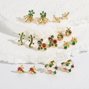 Colorful Zircon Animal Stud Earrings Copper Gold Plated Small Bee Ladybug Bird Lizard Fashion Jewelry For Women