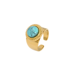 Detail of 18K gold stainless steel ring with turquoise stone and beaded edge textures