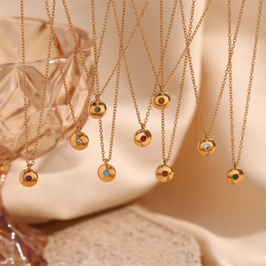 Classic 18K gold plated stainless steel necklaces with round colorful birthstone pendants