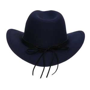 Close-up of deep blue wool felt cowboy hat with black leather decorative band and cord