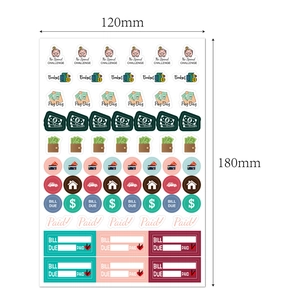 Flat lay of budget planner stickers with 120mm x 180mm size for financial tracking