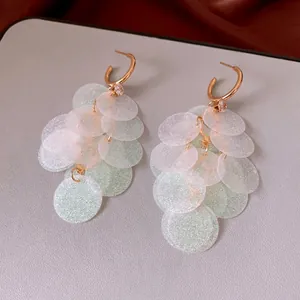 Elegant gold C-shaped earrings with iridescent sequin fringe and layered tassel design