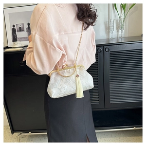 Detailed view of white lace shell bag with golden round handle and elegant silk tassel
