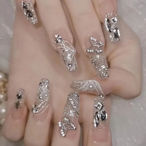 Long Ballerina Press On Nails Elegant Light Pink Gradient With 3D Metal Butterfly Rhinestone Artificial Pearl Glitter For Women