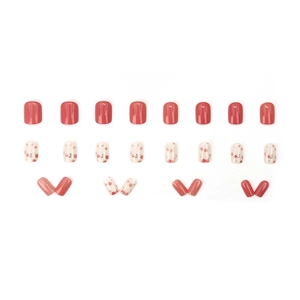 Pink smiley face and cherry pattern press-on nails with 24 pieces of short round fake nails