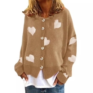 Women's khaki knit cardigan featuring white heart patterns and single-breasted buttons
