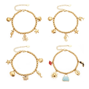 Pulseras de cuentas de acero inoxidable dorado con dijes de temática oceánica