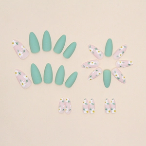 Matte light green and daisy flower almond press-on nails with mint green matte finish