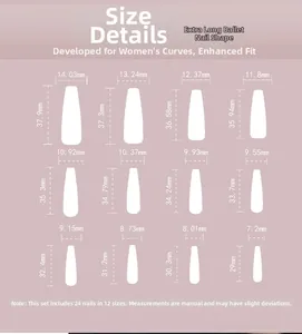 Tableau des tailles pour faux ongles ballerine extra-longs rose avec 12 dimensions