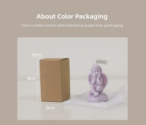 Detail of lavender angel candle with Save the Date tag and 5x5x9cm gift box packaging