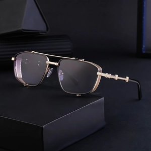 Steampunk gold metal square sunglasses with mesh side shields and grey lenses