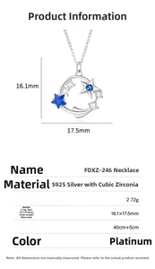 Detailed specs of S925 sterling silver star and moon necklace with blue cubic zirconia