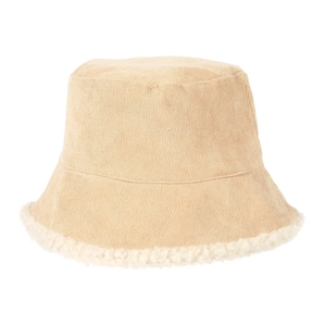 Winter light khaki corduroy bucket hat with white faux fur trim on a white background