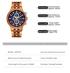 Tableau des tailles montrant le cadran 48mm et dimensions de cette montre homme en bois