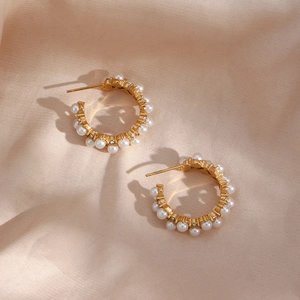 18K gold plated hoop earrings with hollow design featuring pearls and zircon accents
