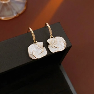 Vintage gold plated flower earrings with white petals and zircon studs for women