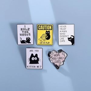 Set of 5 enamel cat pins with funny quotes in heart and rectangular shapes